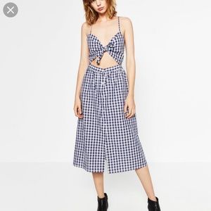 Zara FrontTie Blue Gingham Midi Dress Sz Small NWT